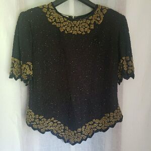 VTG Lourence Kazar Top Blouse Short Sleeves Black Gold Fully Sequins Lined Sz XL